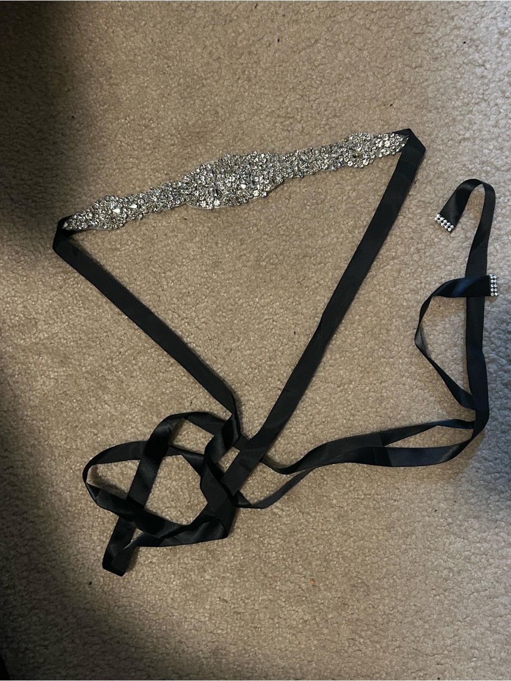 Crystal-Embellished Satin Tie Belt in Black